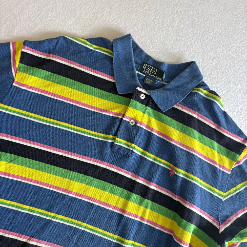Polo Ralph Lauren Men's XXL Blue Multi Striped Logo Embroidered Polo Shirt 90's